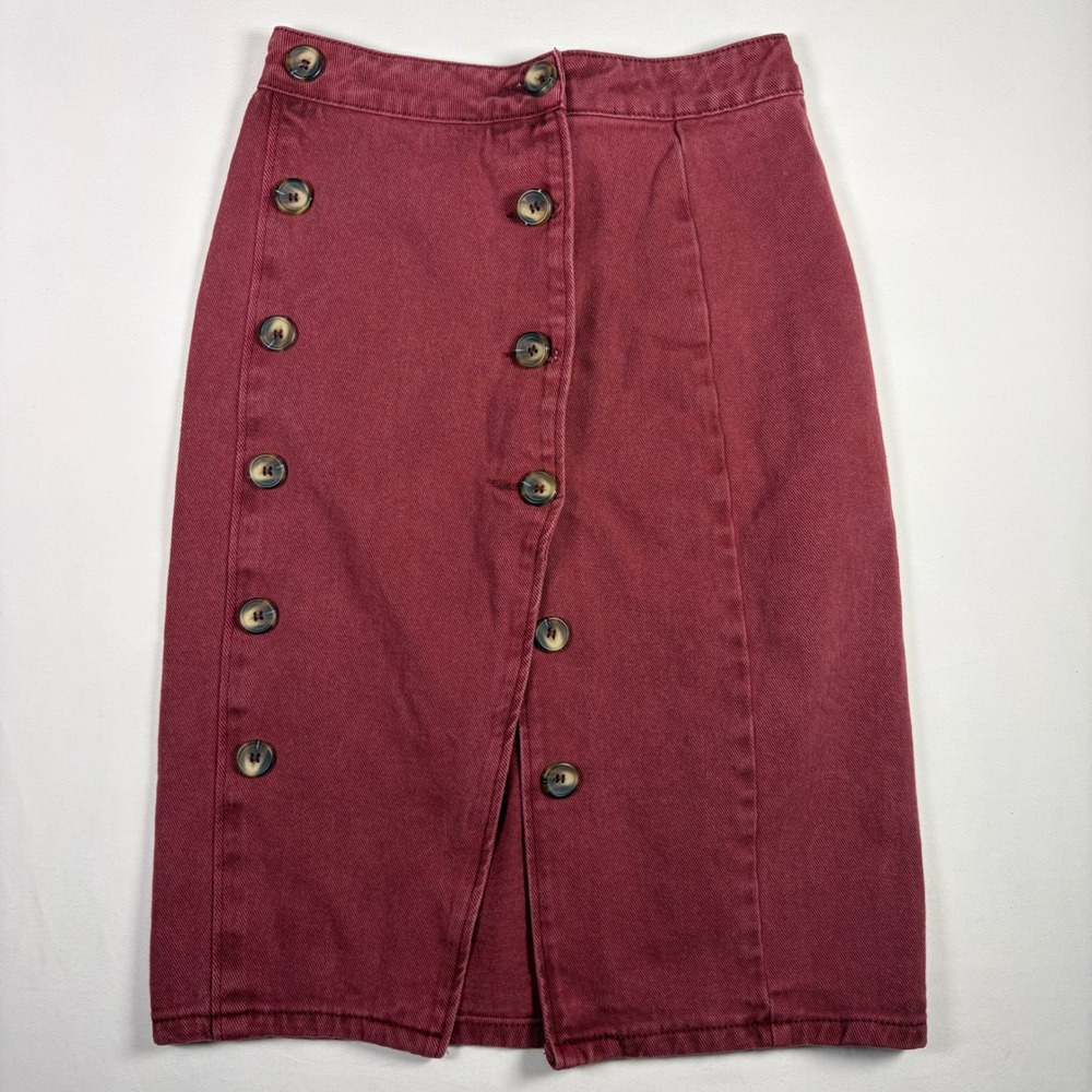 Mustard Seed Denim Skirt Button Front Burgundy Prairie Cottagecore Western Sz S